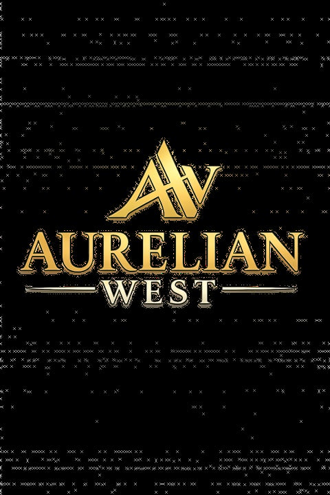 Aurelian West logo featuring gold letters with stylized AW monogram on black background